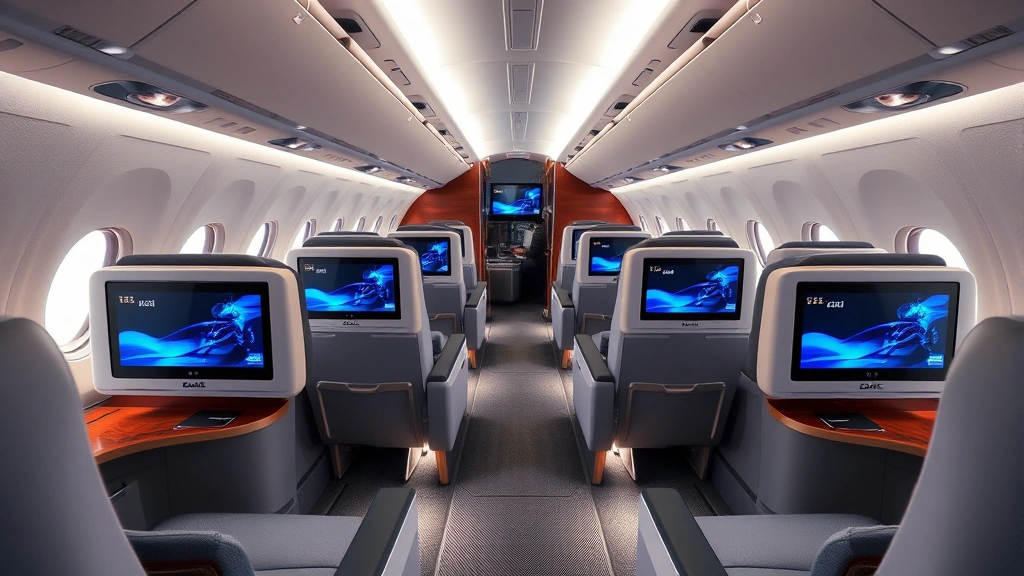 Luxury aircraft cabin interior showing business class seats, modern in-flight entertainment screens, ambient lighting, spacious legroom, premium service atmosphere