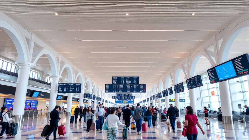 Dubai airport departure hall with travelers checking in, modern architecture, flight information displays, international travelers with luggage, bustling travel hub