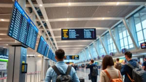 Modern airport terminal with digital flight status displays showing departure and arrival times, passengers checking phones for flight information, bright professional lighting, contemporary architecture