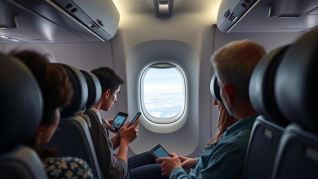 Airplane cabin interior during cruise with passengers using mobile devices to track flight status, window showing clouds below, overhead compartments, realistic commercial aircraft seating