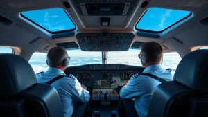 Modern aircraft cockpit with pilots monitoring flight instruments and displays during cruise altitude, professional aviation environment, daytime lighting through cockpit windows showing blue sky