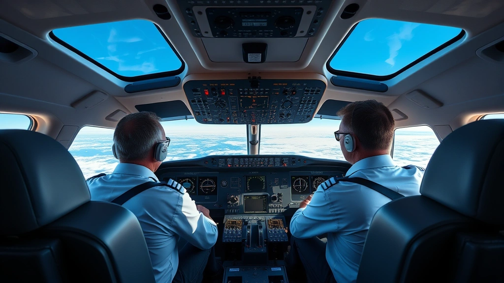 Modern aircraft cockpit with pilots monitoring flight instruments and displays during cruise altitude, professional aviation environment, daytime lighting through cockpit windows showing blue sky