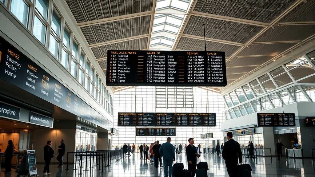 Airport terminal departure hall with digital flight information displays showing multiple flight statuses and times, passengers with luggage, modern airport architecture with natural lighting