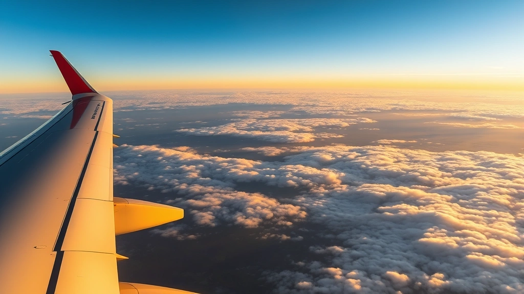 Aerial view of commercial aircraft in flight over landscape with clouds below, wing perspective, golden hour lighting, clear sky conditions showing altitude and distance