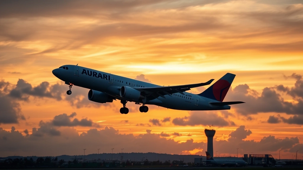 Modern wide-body aircraft taking off from European airport at sunset, transatlantic route, golden hour lighting, dramatic sky with clouds