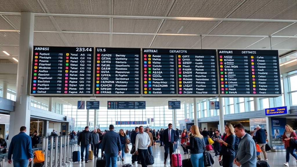 Busy international airport terminal with departure boards showing European and US cities, travelers with luggage, modern airport architecture, natural lighting