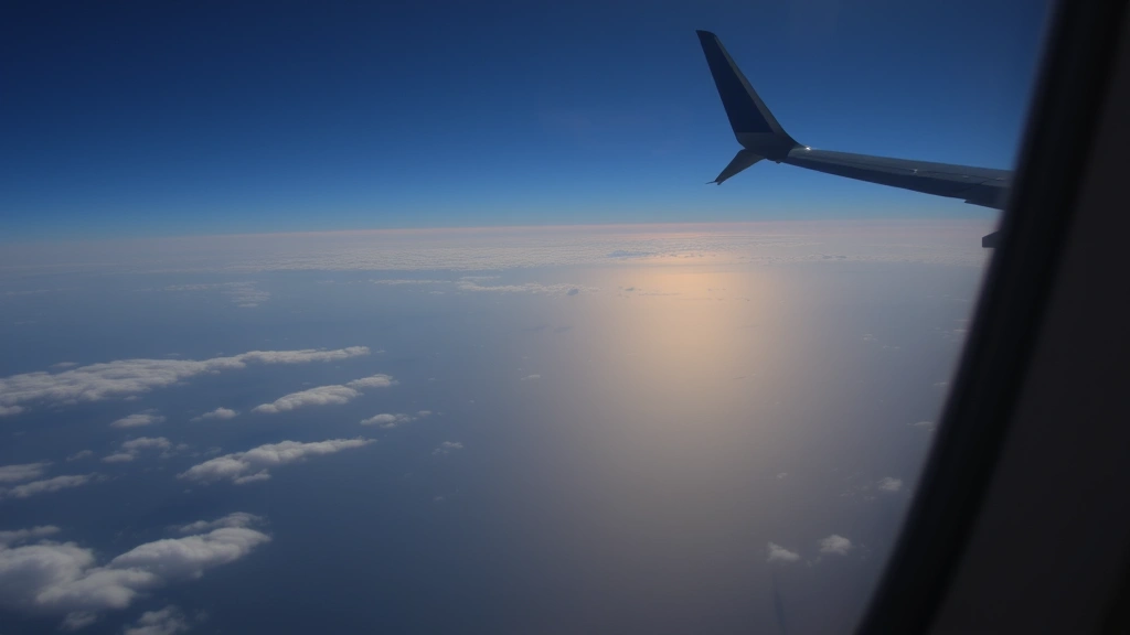 Airplane window view of Atlantic Ocean crossing at altitude, wing of aircraft visible, morning light breaking over clouds, peaceful seascape