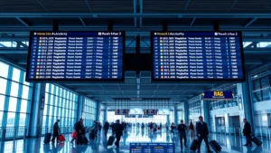 Modern airport departure hall with illuminated flight information boards displaying multiple flights, travelers checking luggage, blue and glass architecture, professional aviation environment, daytime natural lighting