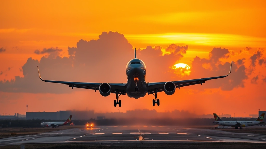 Aircraft taking off at sunset from a busy international airport runway, puffy clouds visible, jet engines glowing, warm orange and golden light, dramatic aviation moment capturing flight operations
