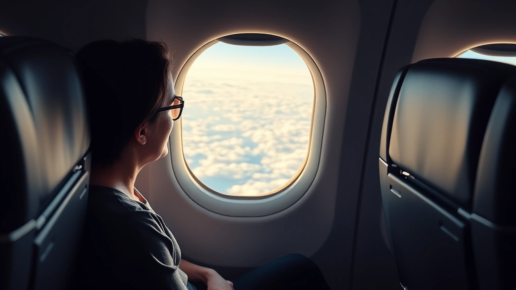 Passenger inside modern aircraft cabin during flight, window seat view of clouds below, comfortable seating, soft cabin lighting, international long-haul flight atmosphere, peaceful travel experience