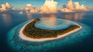 Aerial view of a pristine tropical island with white sand beaches, turquoise waters, and dense green vegetation, shot from above during golden hour with dramatic cloud formations overhead