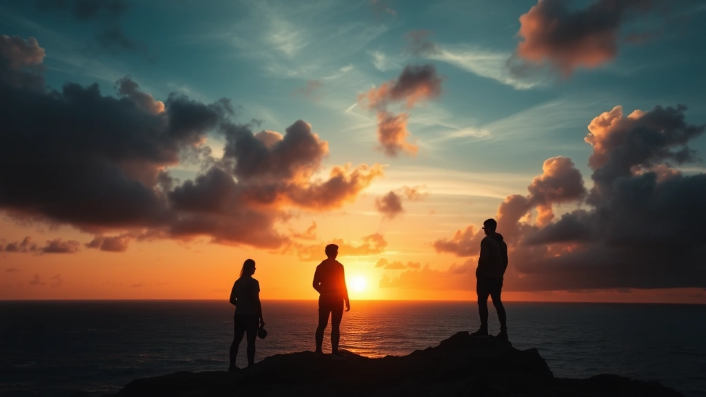 Dramatic sunset over a vast ocean with silhouettes of teenagers standing on a rocky outcrop looking toward the horizon, conveying hope and uncertainty in survival situation