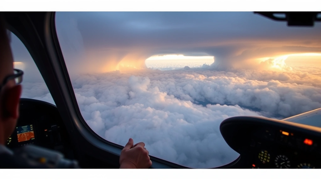 Dramatic cockpit view of commercial aircraft flying through turbulent storm clouds at high altitude, pilot hands on control column, instrument panel illuminated, professional aviation photography