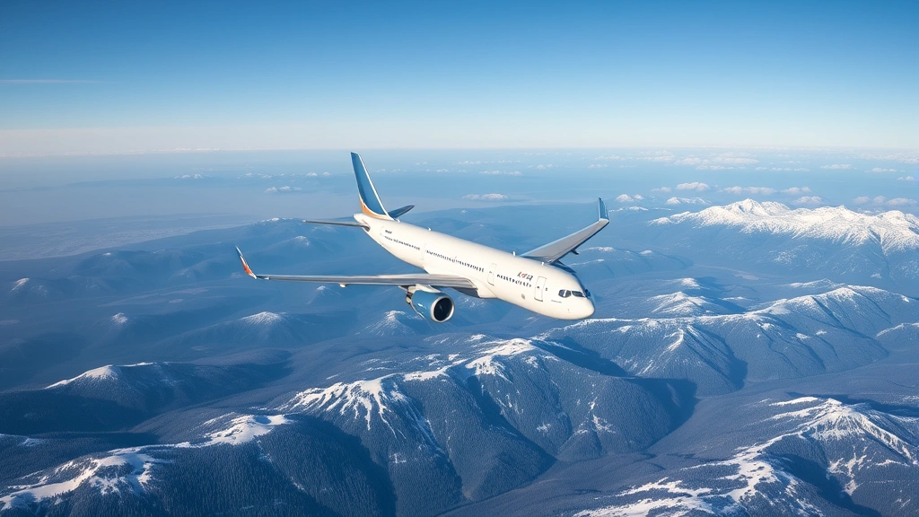 Modern Airbus A310 aircraft in flight over vast Siberian landscape with snow-covered mountains and forests below, clear daylight, professional aerial photography
