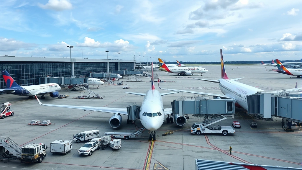 International airport tarmac with multiple commercial aircraft parked at gates, ground crew performing safety checks, modern terminal buildings, busy aviation hub scene