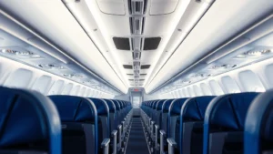 Modern commercial aircraft interior cabin with rows of blue seats, overhead bins, and aisle during daylight, photorealistic high-quality photography