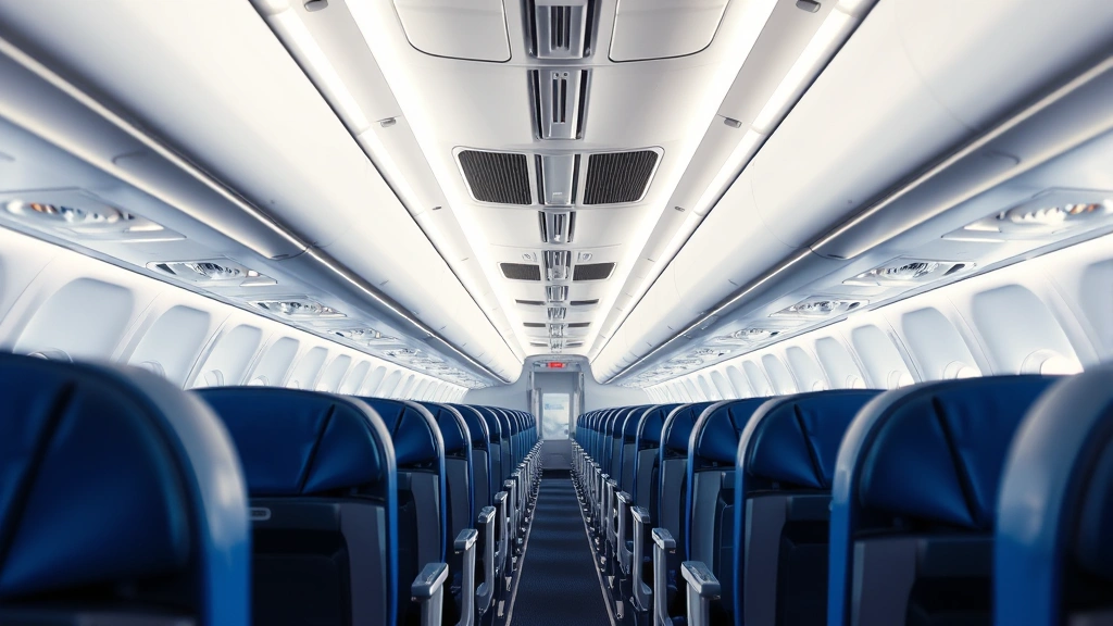 Modern commercial aircraft interior cabin with rows of blue seats, overhead bins, and aisle during daylight, photorealistic high-quality photography