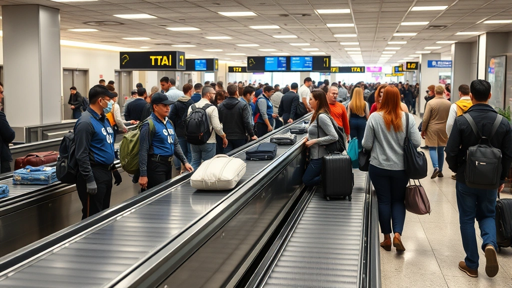 Busy airport security checkpoint with TSA agents screening passengers, conveyor belts with luggage, and travelers with carry-on bags, realistic daytime photography