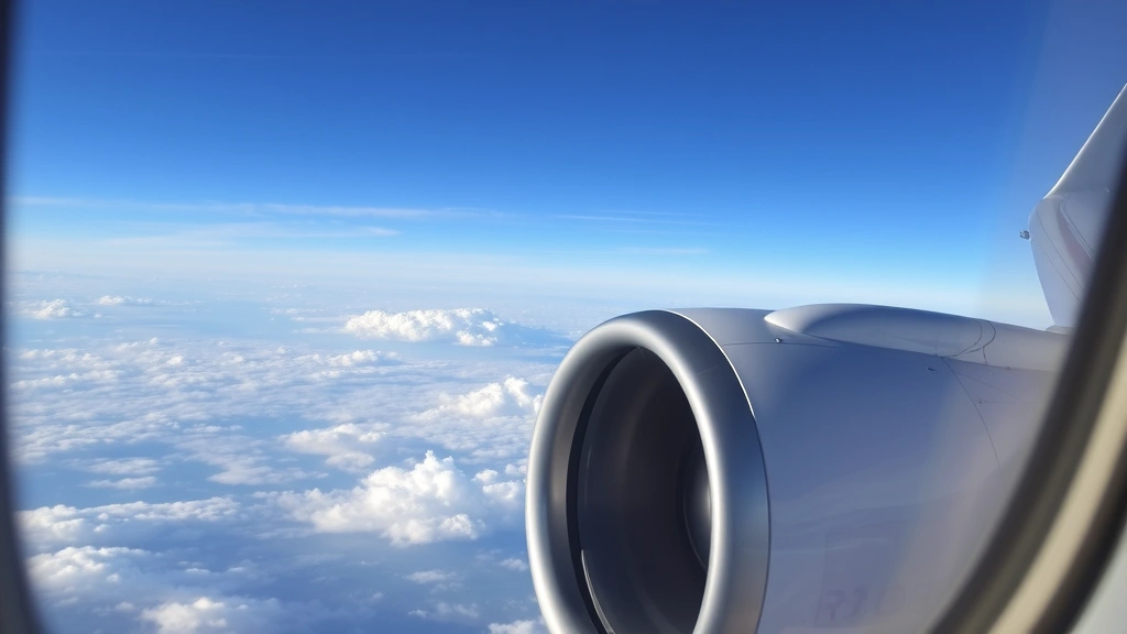 Commercial airplane window view showing wing and engine during cruise altitude with blue sky and clouds below, photorealistic travel photography