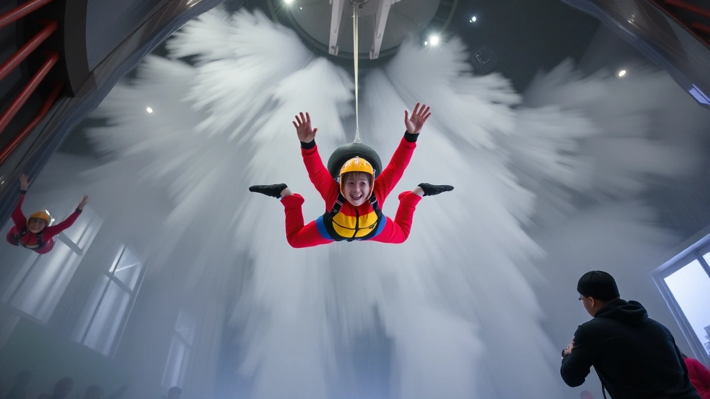 Visitors in colorful athletic gear suspended mid-air inside a transparent wind tunnel chamber with intense air currents visible, demonstrating indoor skydiving at Flight Adventure Park Irmo