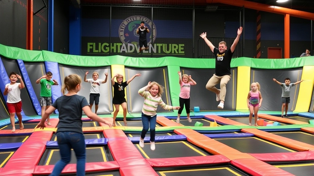 Visitors enjoying trampoline zones at Flight Adventure Park Irmo with colorful foam pits and safety padding visible, children and adults bouncing with joy