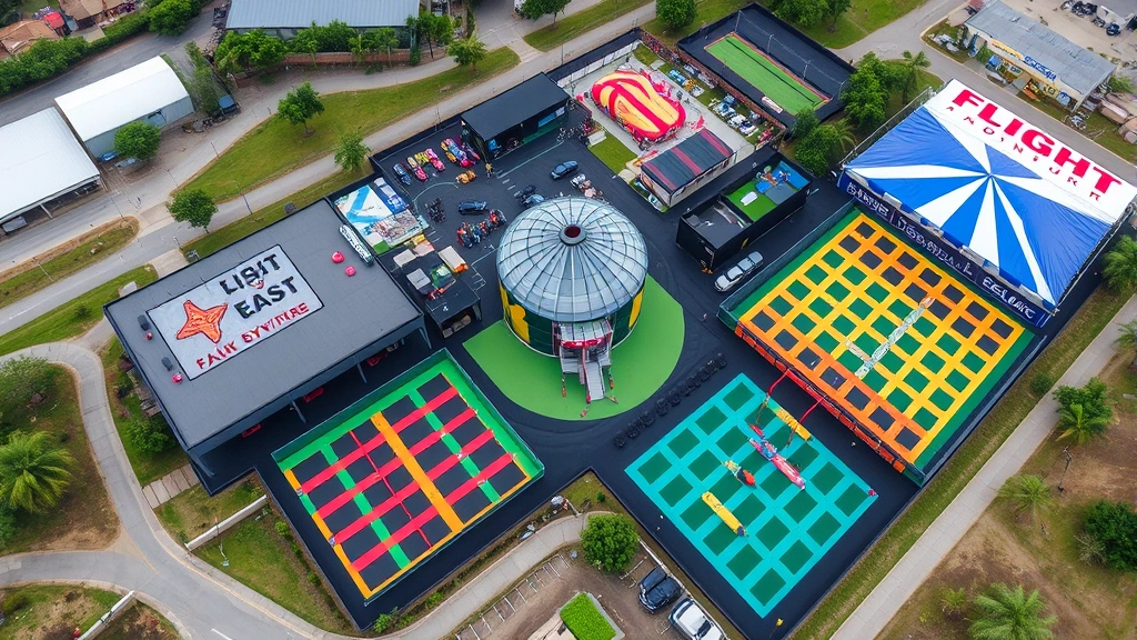 Aerial view of Flight Adventure Park Irmo showing multiple activity zones with indoor skydiving wind tunnel and colorful jump areas, demonstrating the full scope of attractions
