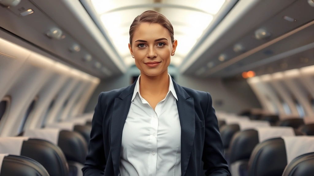 Professional flight attendant in perfectly tailored white button-down shirt and navy blazer standing in airplane cabin with confident posture, showcasing polished grooming and sophisticated style