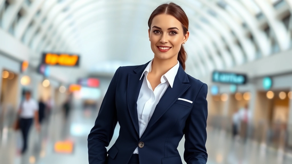 Professional flight attendant in tailored navy blazer and white blouse standing in modern airport terminal with confident posture, demonstrating perfect fit and polished appearance