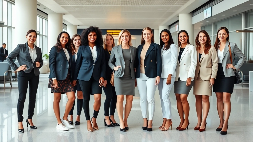 Diverse group of professionals in flight attendant-inspired outfits standing in modern airport lounge area, all wearing coordinated neutral palettes with blazers and quality basics, demonstrating confidence and polished elegance