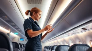 Flight attendant in navy uniform demonstrating safety procedures in modern aircraft cabin with bright LED lighting and comfortable passenger seating visible