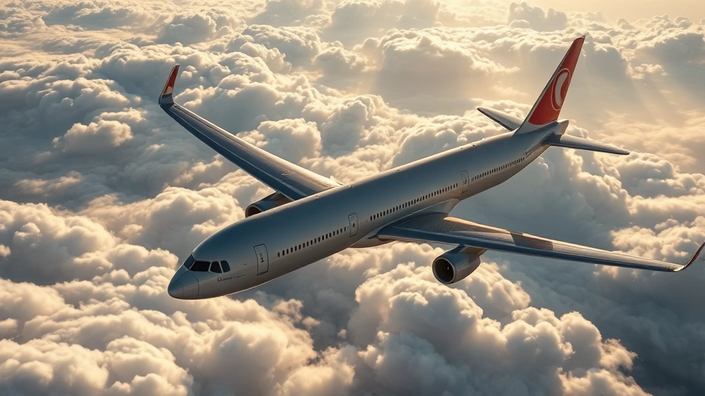 Aerial view of commercial aircraft in flight above white clouds during daytime with sunlight reflecting off the fuselage and wing