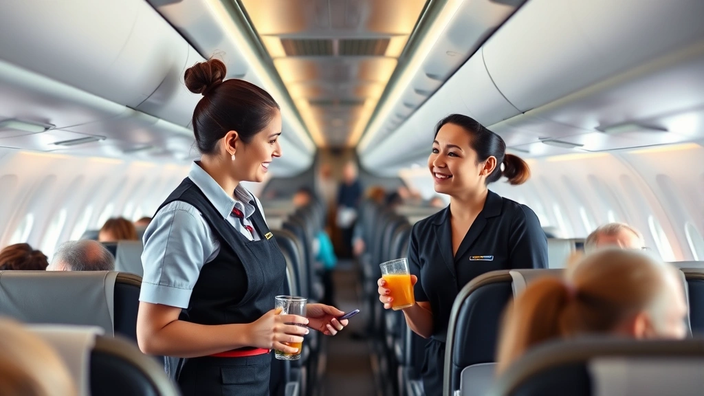 Flight attendant serving beverages to passengers in economy cabin with genuine smiles and professional interaction during cruise phase