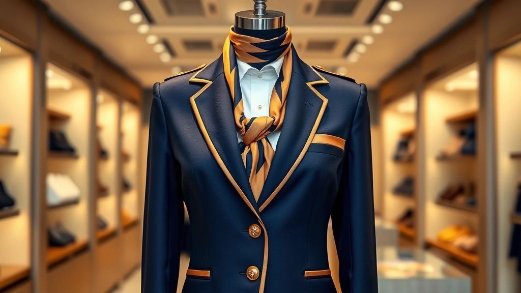A perfectly tailored navy and gold flight attendant uniform from a luxury airline, featuring a crisp blazer with golden buttons, pressed white shirt, and elegant scarf, displayed on a dress form in a modern boutique setting with soft professional lighting