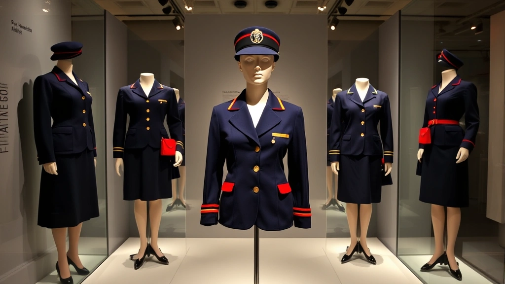 A vintage 1960s Pan American Airways flight attendant uniform display in a museum setting, featuring the iconic pillbox hat, navy jacket, and perfectly styled accessories, with dramatic museum lighting highlighting the historical craftsmanship and detail