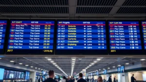 Modern airport departure board with LED display showing multiple flights, gate numbers, and status information, bright terminal lighting, travelers in background checking information