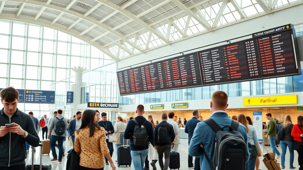 Busy airport terminal with travelers looking at large flight boards, checking mobile devices, walking toward gates with luggage, natural airport lighting and modern architecture