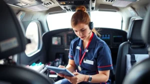 A flight nurse in uniform checking medical equipment inside a helicopter cabin, professional medical atmosphere, bright natural light through windows, serious focused expression, medical monitors and supplies visible