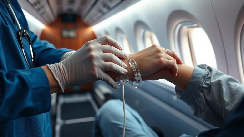 Hands of a healthcare professional securing an IV line on a patient's arm inside an aircraft cabin, close-up medical procedure, professional equipment, soft cabin lighting, sterile medical environment