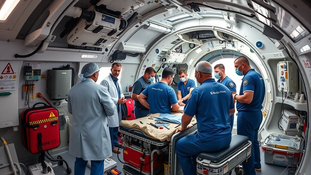 A medical team conducting a training simulation inside an aircraft fuselage mock-up, multiple healthcare professionals working together, emergency medical equipment visible, concentrated professional atmosphere, realistic hospital setting