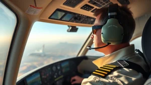 Pilot wearing headset in modern aircraft cockpit monitoring radar display and communication systems during daylight flight over terrain