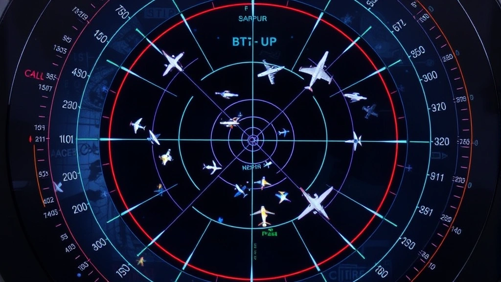 Air traffic control radar scope showing multiple aircraft targets with data blocks displaying call signs and altitudes during busy airspace operations