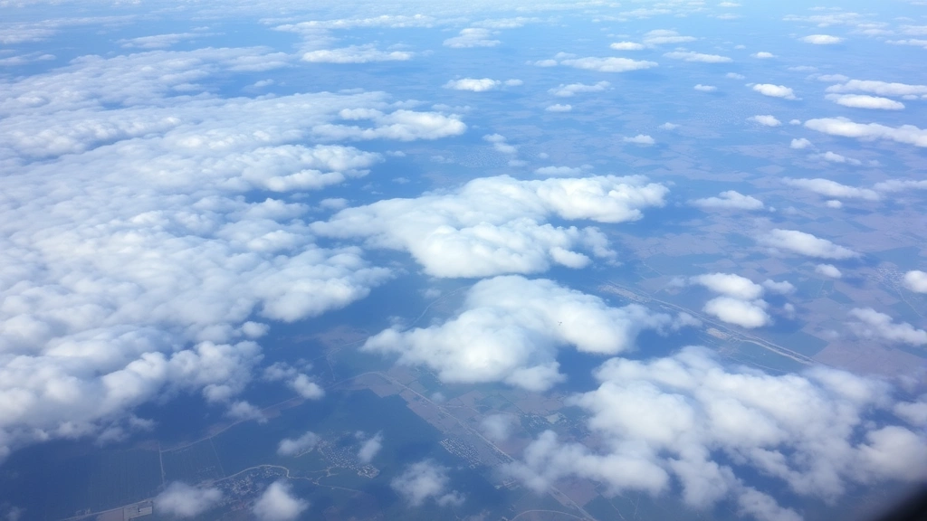 Scenic aerial view of aircraft cruising at altitude above broken cloud layer with diverse terrain landscape visible below during cross-country flight