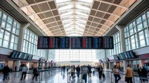 Hartsfield-Jackson Atlanta International Airport modern terminal interior with travelers and departure boards, bright natural lighting, contemporary architecture