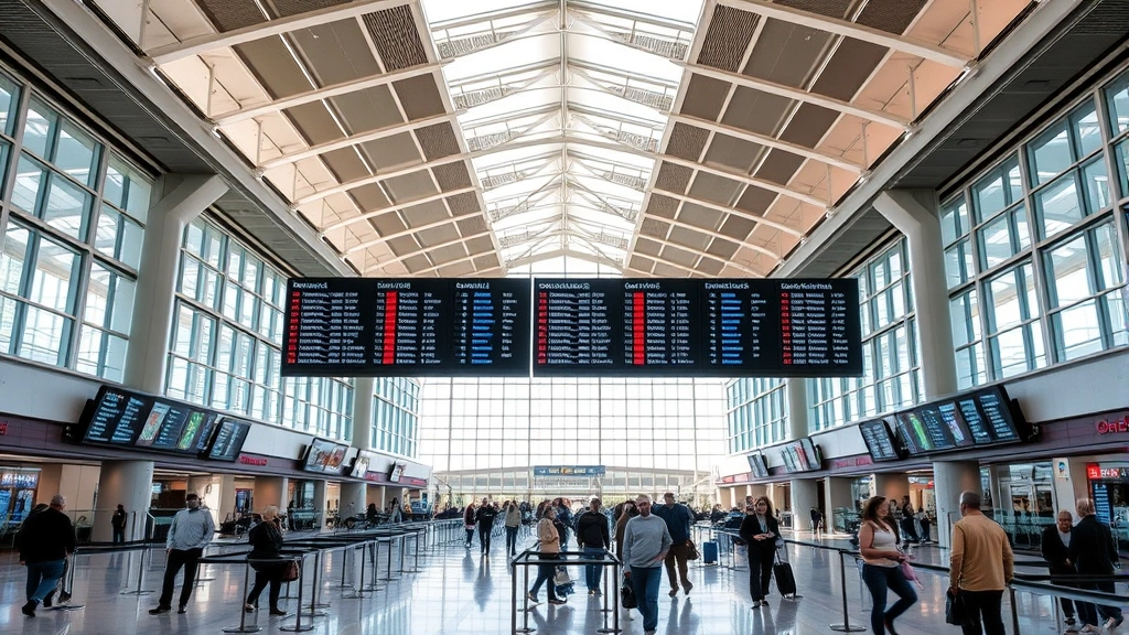 Hartsfield-Jackson Atlanta International Airport modern terminal interior with travelers and departure boards, bright natural lighting, contemporary architecture