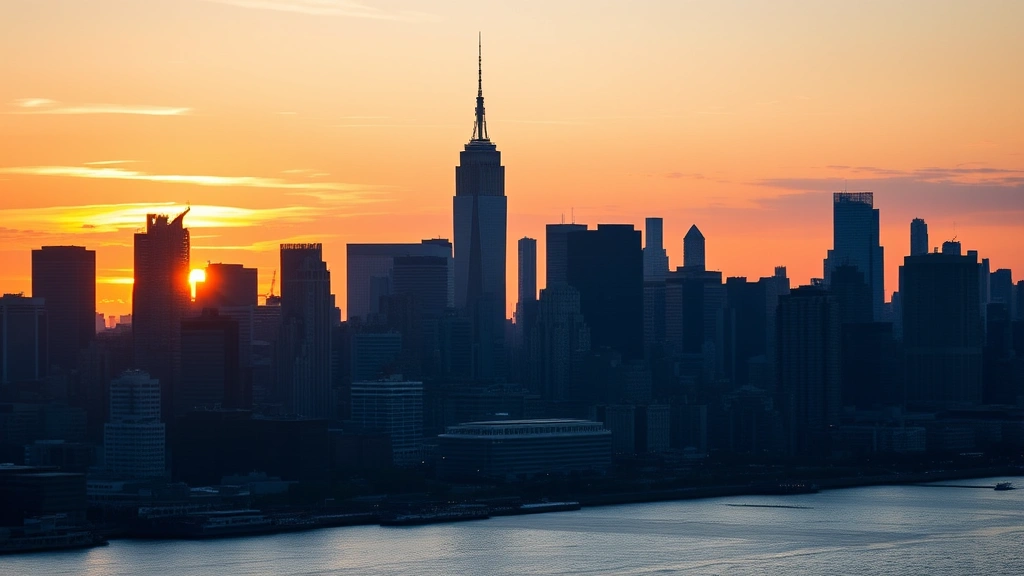 Manhattan skyline at sunset with Empire State Building and One World Trade Center, Hudson River in foreground, golden hour lighting, urban cityscape