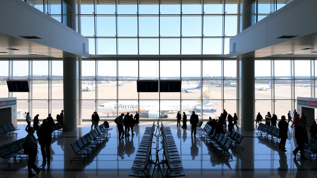 LaGuardia Airport interior showing modern gate areas with passengers, aircraft visible through windows, contemporary terminal design with natural light