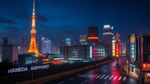 Tokyo skyline at night with illuminated Tokyo Tower and Haneda Airport lights reflecting on wet streets, neon signs glowing, modern skyscrapers, vibrant cityscape, photorealistic evening atmosphere, no text visible