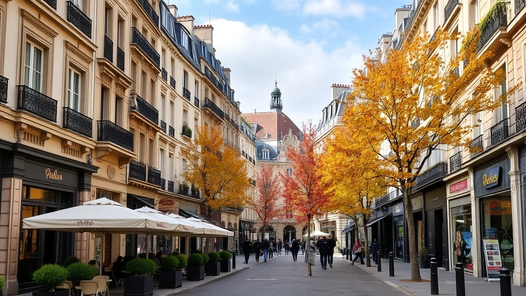 Scenic Parisian street with historic architecture, ornate facades, sidewalk cafes with umbrellas, autumn foliage on trees, pedestrians walking, and charming storefronts