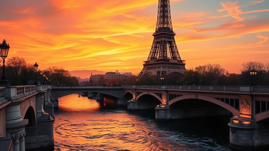 Eiffel Tower at sunset with golden hour lighting, flowing Seine river below, ornate Parisian bridges, street lamps illuminating, and romantic atmosphere