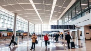 Modern airport terminal with bright natural lighting, travelers with luggage walking through clean hallways, digital flight information displays showing departure times, contemporary architecture with soaring ceilings and glass panels